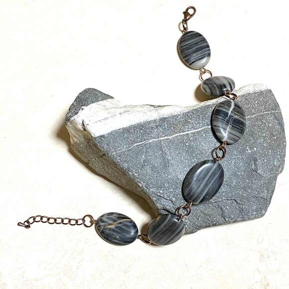 2/$20, Dark Banded Agate Boho Bracelet, Large Genuine Gemstone + Copper Links - Picture 7 of 12